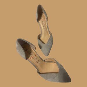 barely worn 3" heels, gray, kid suede, middle cut, detailed stitching